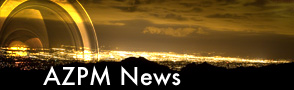 Night time tucson with camera lens, and azpm logo