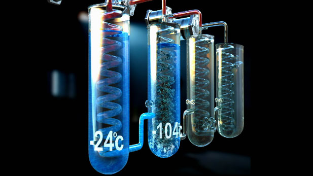 The Cascade process of using one liquefied gas to cool another to achieve colder and colder temperatures. 