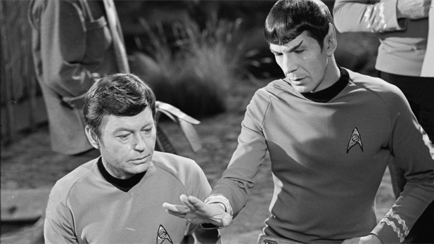 Leonard Nimoy as Spock and DeForest Kelly as McCoy on "Star Trek."