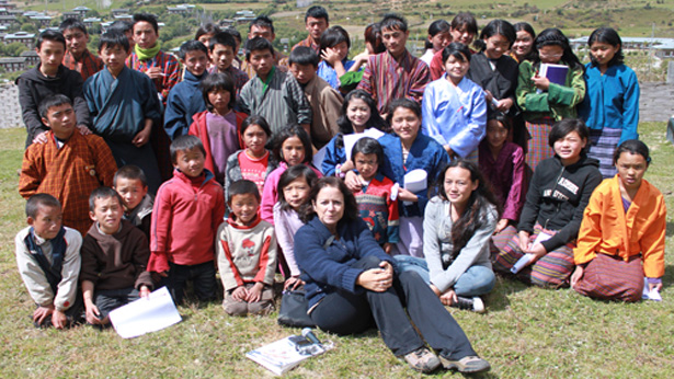 Lisa Napoli, in front of a group of Bhutanese youth from the READ Global Library in Ura, Bhutan.