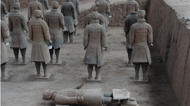 Terracotta warrior figures displayed at the rear part of pit one.