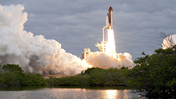 Space shuttle Endeavour and its six-member STS-134 crew head toward Earth orbit and rendezvous with the International Space Station. Liftoff was at 8:56 a.m. (EDT) on May 16, 2011, from Launch Pad 39A at NASA's Kennedy Space Center. 