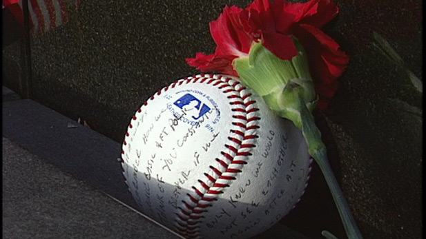 A baseball and flower left at the Vietnam Veterans Memorial.