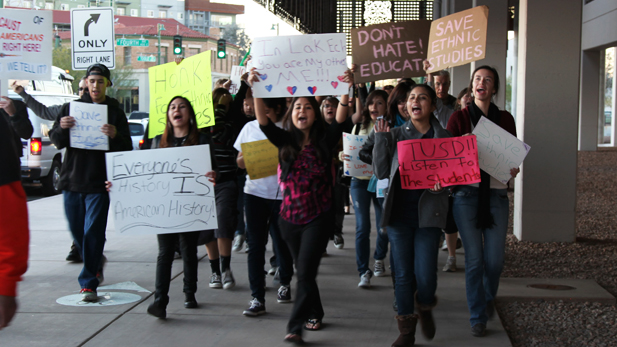 Students and supporters of TUSD's Mexican American Studies program protest before the Jan. 10, 2012 Governing Board meeting.