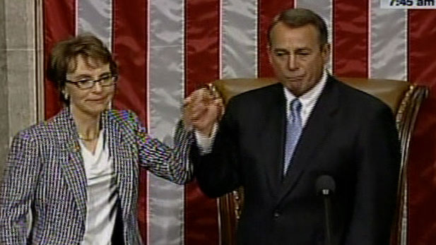 Gabrielle Giffords with House Speaker John Boehner, moments after she handed her resignation letter to him.
