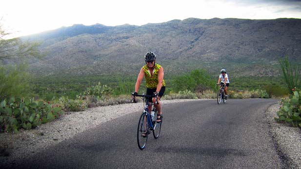 Two bikers traveling along path in scenic Tucson Mountain Park. 