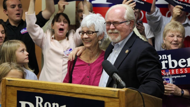 Democrat U.S. Rep. Ron Barber smiles with his wife Nancy as he declares victory in the Congressional District 2 race, Nov. 17, 2012.