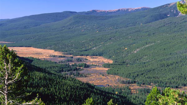 The Colorado River drains 243,000 square miles. It forms as snowmelt in Colorado's Never Summer Mountains and drains into the nearby Kawuneeche Valley, seen in this image.