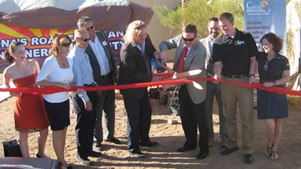 Picacho Peak, Arizona, Saturday, December 8, 2012: The official ribbon-cutting ceremony inaugurating the new GoE3 Quick Charging installation for EVs. (left to right) Ariel Brimacombe, Colleen Crowninshield (Tucson Clean Cities,) Bill Sheaffer (Phoenix Clean Cities,) Paul Bessent (VP, GoE3,) Bruce Brimacombe (CEO, GoE3,) Ken Bennett (AZ Secretary of State,) Colin Tetrault (Advisor on Sustainability, Phoenix Mayor’s office,) Sean Hegna (Eaton Corporation,) Cyndi Brimacombe.

 