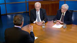 Michael Chihak (left) speaks with Stanley Feldman (left), Former Chief Justice of the Arizona Supreme Court and Charles Ares (right), Dean Emeritus of the University of Arizona College of Law about Arizona's constitution.