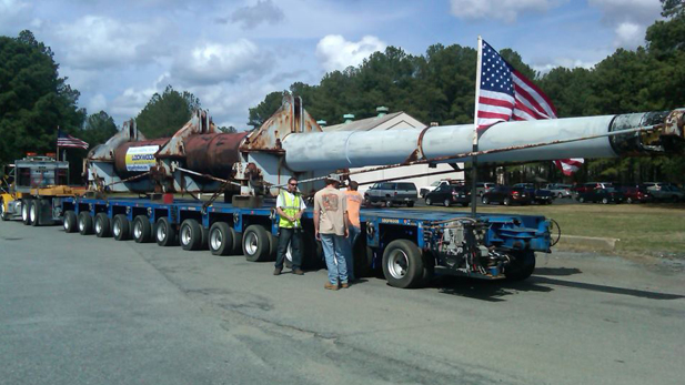 One of the gun barrels from the USS Missouri is loaded onto a truck in early March 2012, to be moved to Phoenix. It will become part of the state's WWII memorial, along with a gun barrel from the USS Arizona.