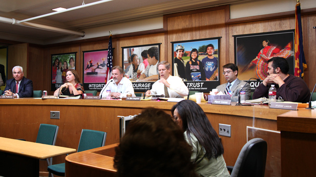 TUSD’s superintendent John Pedicone, with board members Adelita Grijalva, Michael Hicks, Mark Stegeman, Alexandre Sugiyama and Miguel Cuevas