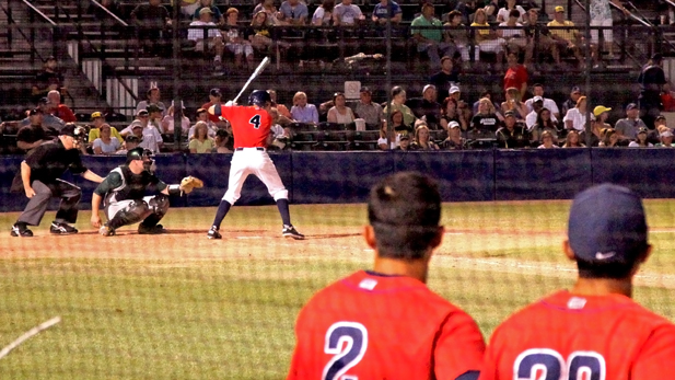 Trent Gilbert at bat late in a game against Oregon at Hi-Corbett field.