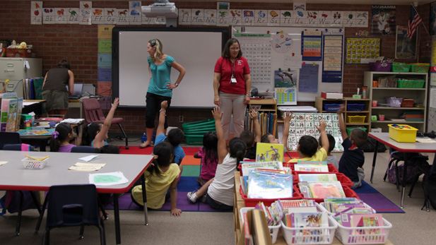 Julie McIntyre, principal at Myers-Ganoung Elementary School visits a class during the summer.