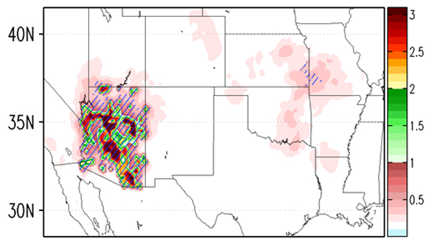 In Georgescu's highest-growth scenarios, temperatures in Arizona could rise as much as 4 degrees Celsius (about 7 degrees Fahrenheit) by 2050 due to the urban heat island effect alone. As shown in the map, that warming would also affect climate conditions in the central U.S.