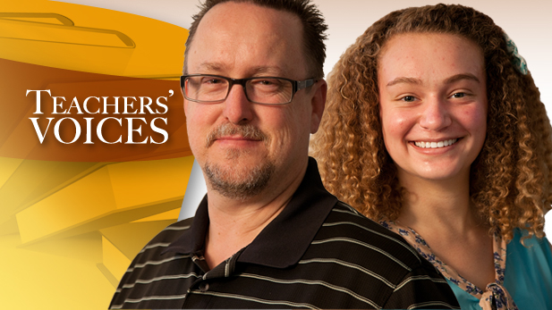 University High School band director Jeff Marchant with student and tuba player Taylor Ginter 