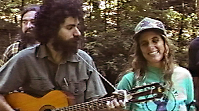 Darryl Cherney and Judi Bari sing at Nationwide Tree-sit Week, in Mendocino County, Aug. 1989