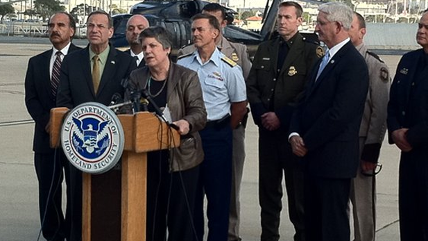 Homeland Security Secretary Janet Napolitano with officials in San Diego after border inspection tour Feb. 4, 2013.