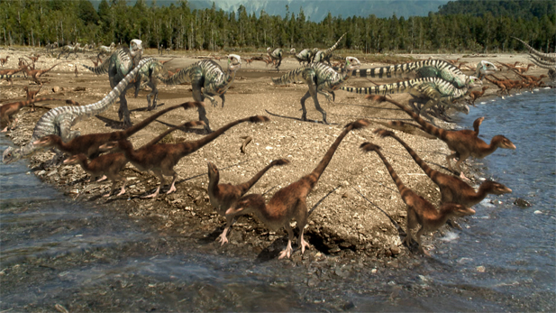 Small dinosaurs at waterhole. Time for a drink.