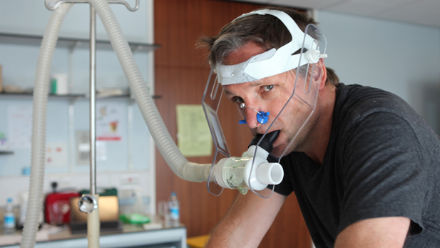 DR MICHAEL MOSLEY at University of Nottingham Medical School enduring a tough cycling test that will measure his VO2 max (the maximum capacity of an individual's body to transport and use oxygen).