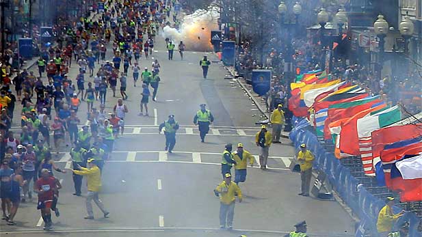 A second explosion goes off near the finish line of the 117th Boston Marathon on April 15, 2013. 