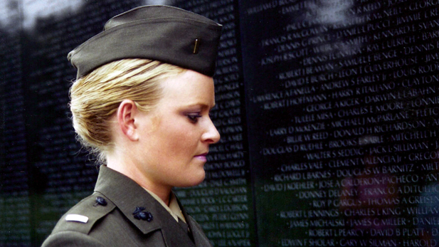 Lieutenant Elle Helmer at the Vietnam War Memorial, US Marine Corps.