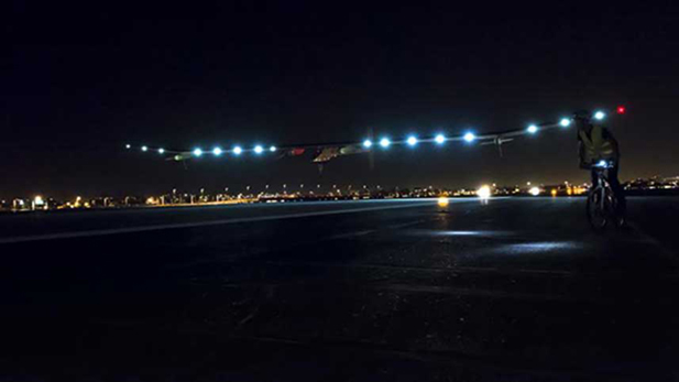 Phoenix Sky Harbor Airport, Saturday, May 4, 2013, 12:30AM. The Solar Impulse HB-SIA touches down after an 18+ hour flight from San Francisco’s Moffett Field. To prevent damage to the delicate wing structure, a ground crew on a pair of electric bicycles was present to insert wingtip-mounted skids as the plane slowed to a stop. 