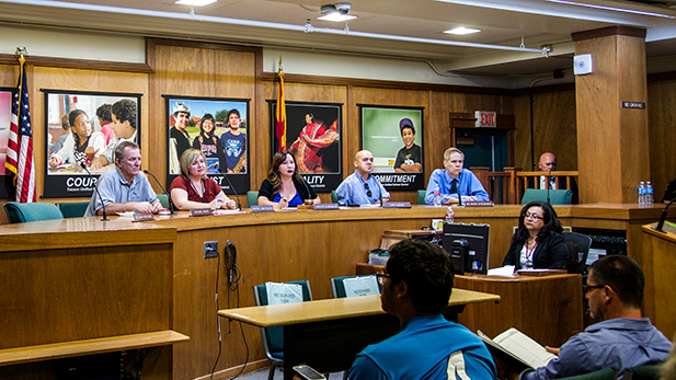 Tucson Unified School District's Governing Board. From left to right, Michael Hicks, Kristel Ann Foster, President Adelita Grijalva, Cam Juárez, Dr. Mark Stegeman. 
