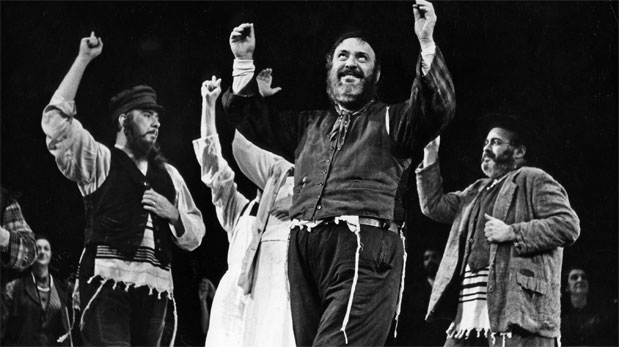 Zero Mostel performs “Tradition” in the 1964 Broadway production of Fiddler on the Roof. 