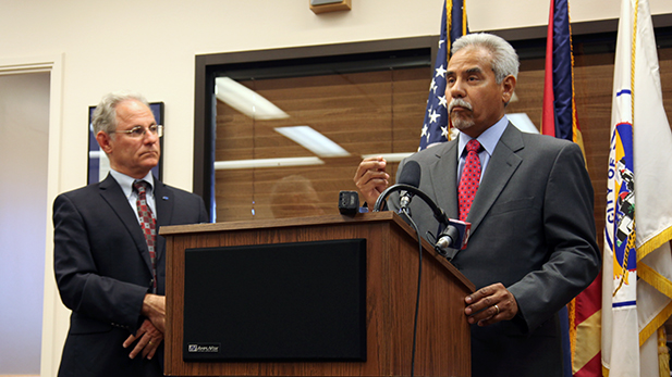 Tucson Mayor Jonathan Rothschild listens as Larry Lucero, president of the Arizona-Mexico Commission, talks about the pair's recent trip to Mexico to strengthen economic ties between Arizona and Sonora.