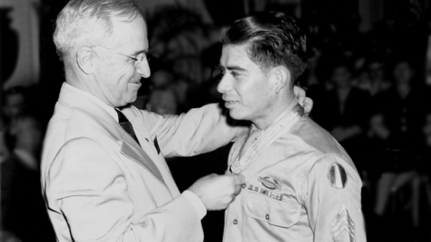 President Truman Awards Macario Garcia the Medal of Honor on August 23, 1945 at a ceremony at the White House.