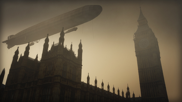 CGI image of a German zeppelin hovering over the houses of Parliament