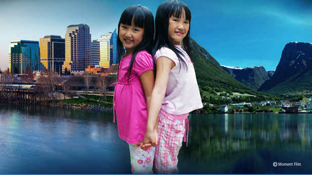 Mia and Alexandra stand back to back, with scenes from their respective homes in the background.