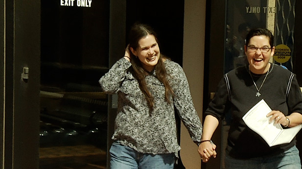 Jennifer Shelton, left, and Katherine Harrison got their wedding license at the Pima County Courthouse in Tucson in October 2014, hours after gay marriage was legalized in Arizona.