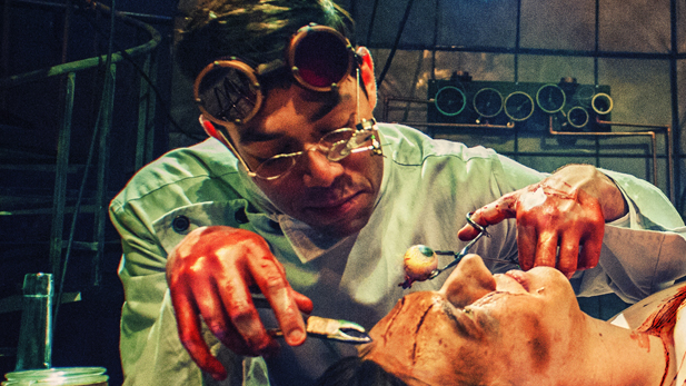 Dr. Victor Frankenstein (Matt Bowdren) puts the finishing touches on his creation (Micah Bond).