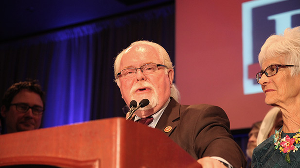 Democratic incumbent Ron Barber speaks at the Pima County Democratic Party gathering in Tucson on Election Day, Nov. 4.