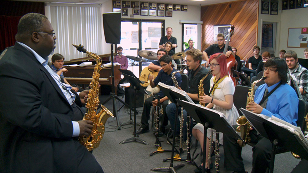 Alto saxophonist Sherman Irby leads a workshop for The TJI Ellington Band, the 2013 winner of the Essentially Ellington High School Jazz Band competition