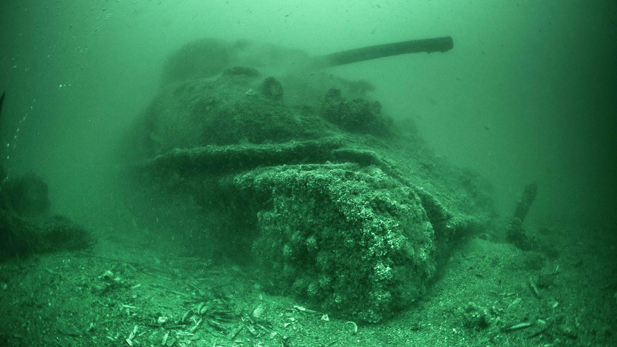 A Sherman tank wreck. 