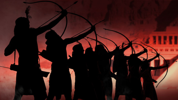 Re-creation of Piankhy’s army fighting with bows and arrows.