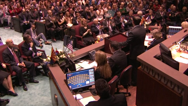 Gov. Doug Ducey addresses a joint session of the Arizona Legislature, Jan. 12, 2015.