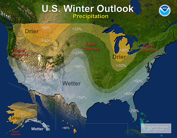 The West, South and mid-Atlantic are expected to have greater than normal precipitation over the 2015-2016 winter due to the effects of an El Nino.