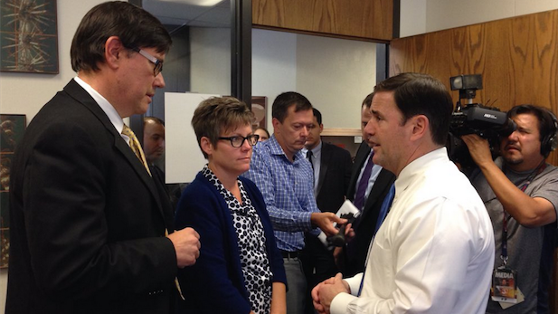 State Sen. Steve Farley, left, and Gov. Doug Ducey Thursday, Oct. 29, in Farley's Senate office.