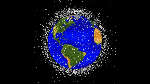 Computer generated image of objects in Earth orbit. Approximately 95 percent of the objects in this illustration are orbital debris (i.e., not functional satellites).