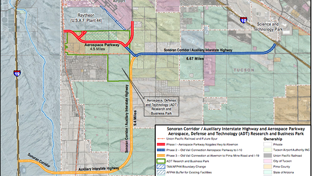 The three phases of the Sonoran Corridor project to link Interstates 10 and 19.