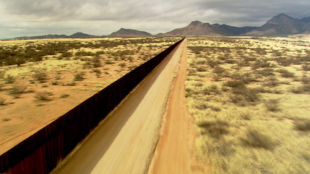 Border wall in Arizona separating the United States and Mexico.