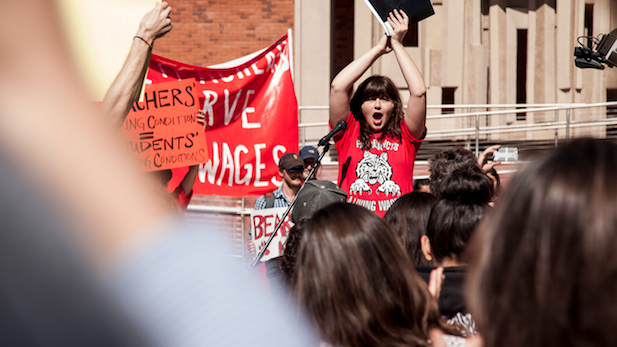 University of Arizona English lecturer Lisa O'Neill leads campus rally for better working conditions, Feb. 25, 2015.