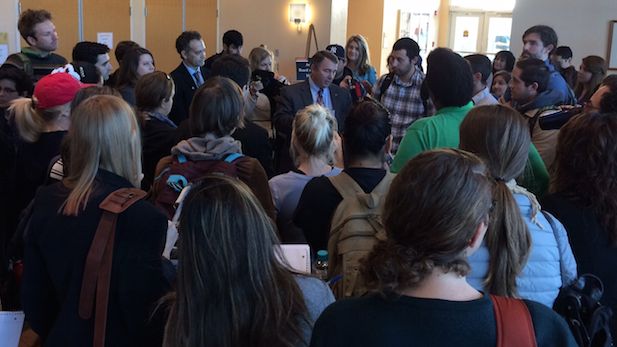 Arizona Board of Regents Chairman Mark Killian (center) meets with University of Arizona students, Feb. 5, 2015.
