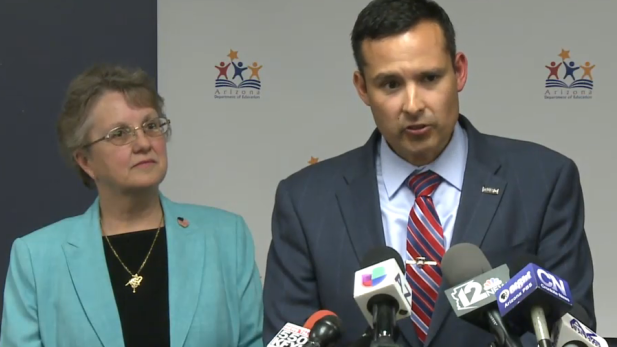 State Superintendent of Public Instruction Diane Douglas and Tucson Unified School District Superintendent H.T. Sanchez at a joint news conference, March 3, 2015.