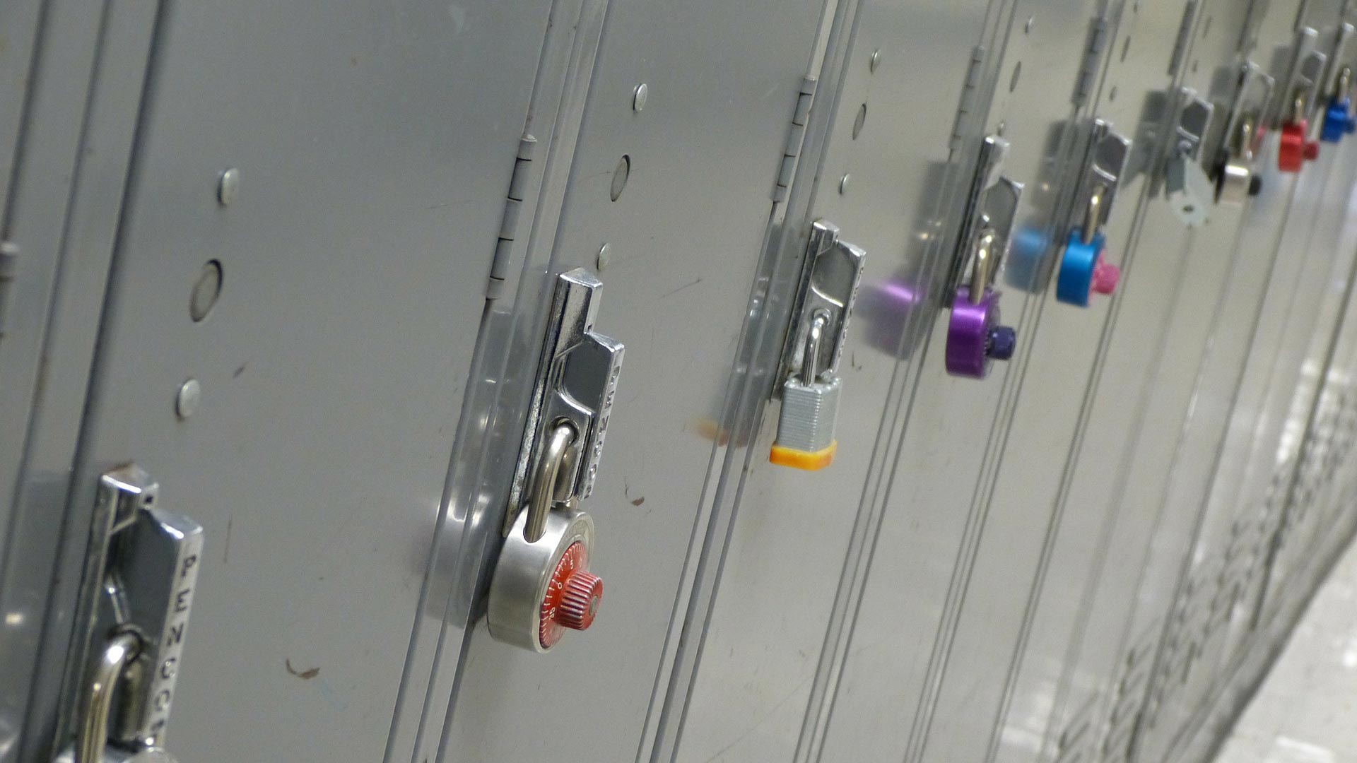 A line of lockers at a high school.