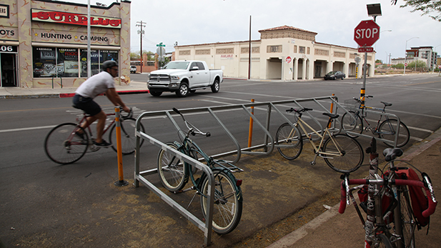 On-street bicycle parking on North 6th Avenue at East 7th Street. 